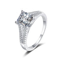 Princess Cut Moissanite Side Stone Engagement Ring with CZ in rhodium-plated S925 sterling silver on clean white background