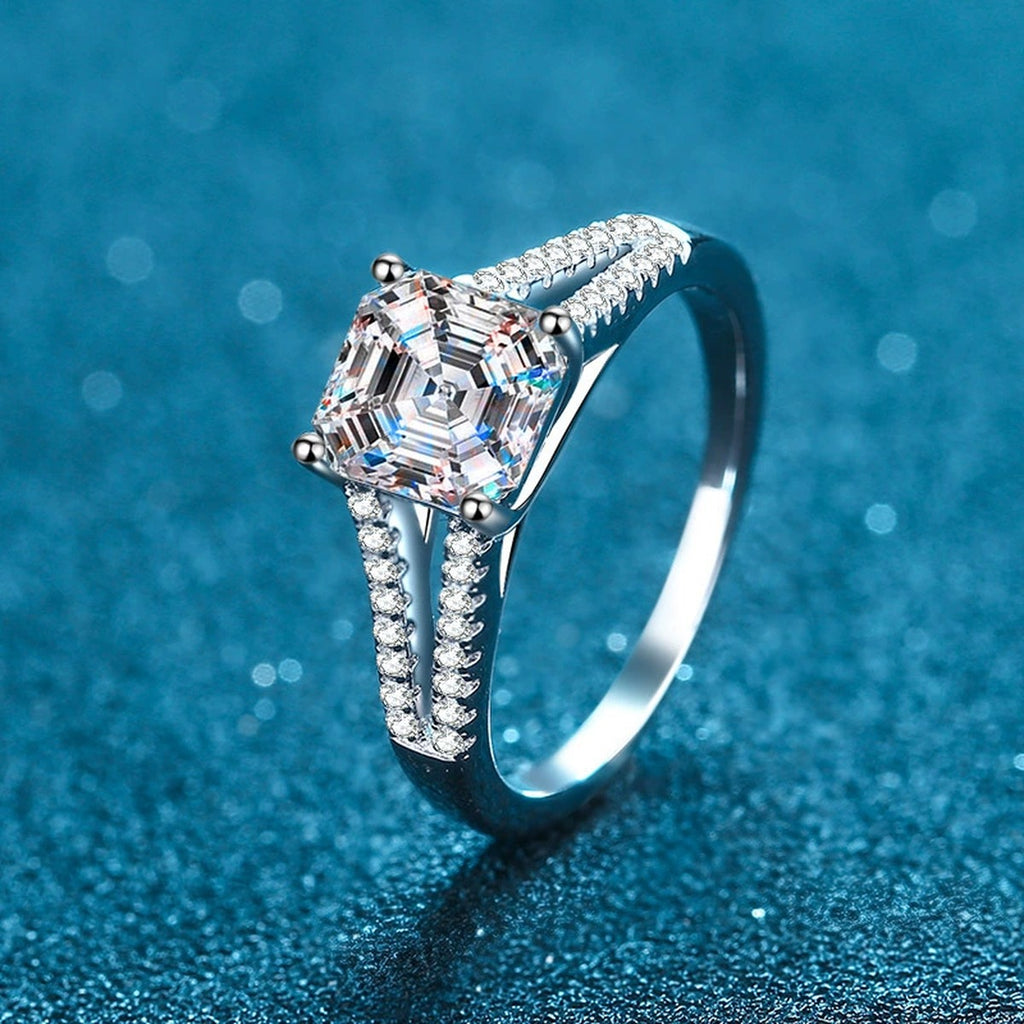 Princess Cut Moissanite Side Stone Engagement Ring with CZ product view showing moissanite setting and metal finish