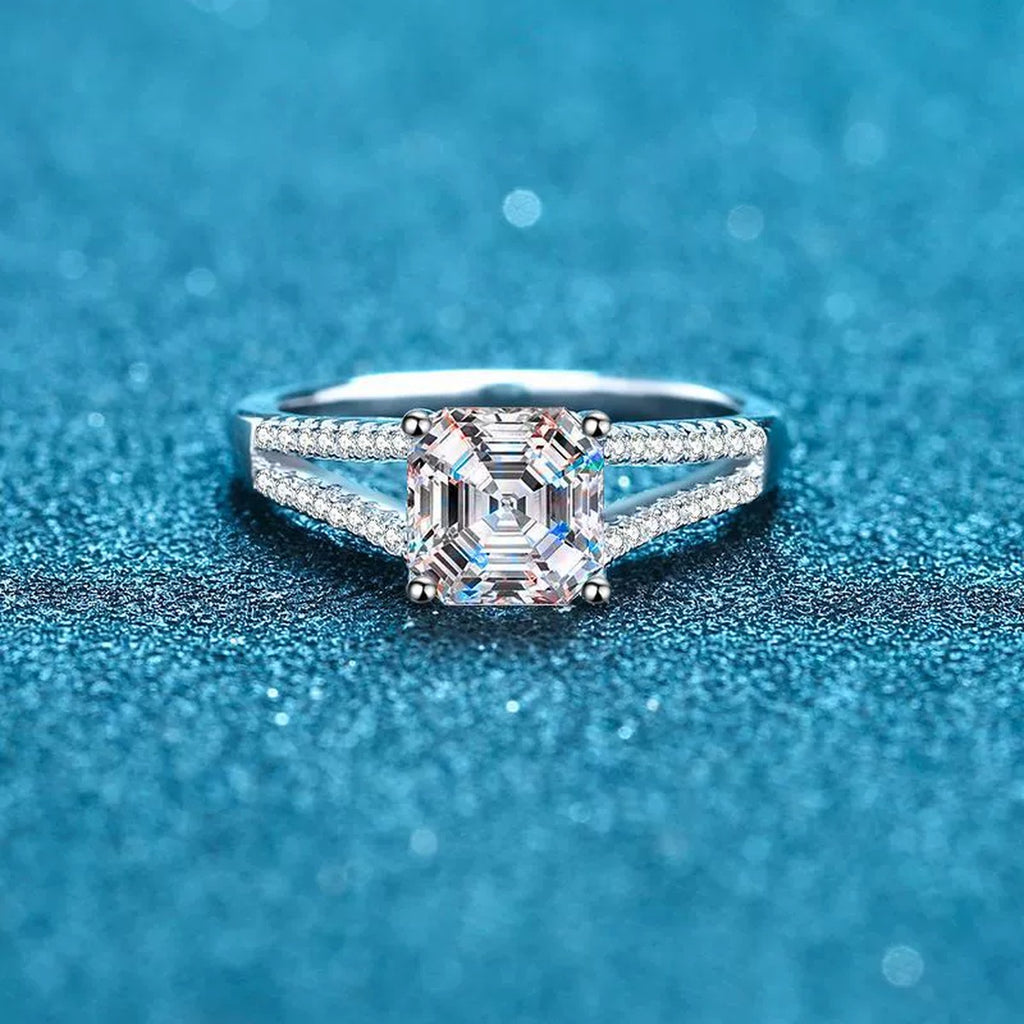 Princess Cut Moissanite Side Stone Engagement Ring with CZ product view showing moissanite setting and metal finish