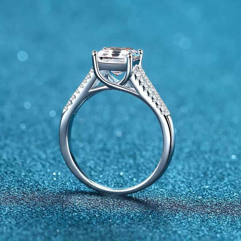 Princess Cut Moissanite Side Stone Engagement Ring with CZ product view showing moissanite setting and metal finish
