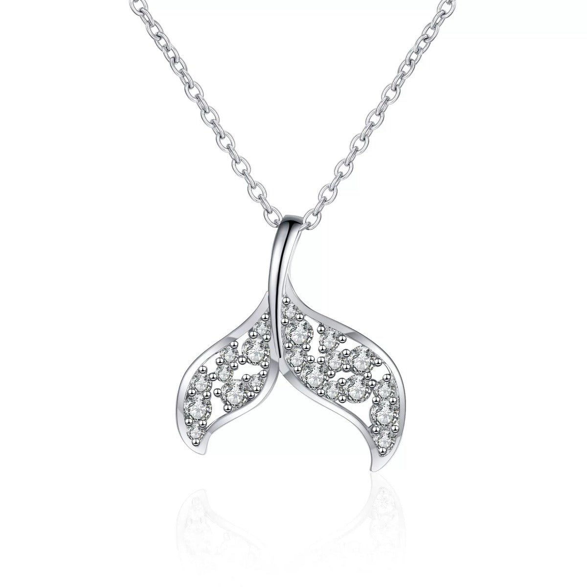 Whale Tail Moissanite Pendant Necklace in Rhodium-Plated S925 sterling silver on white background showing pendant shape and round moissanite