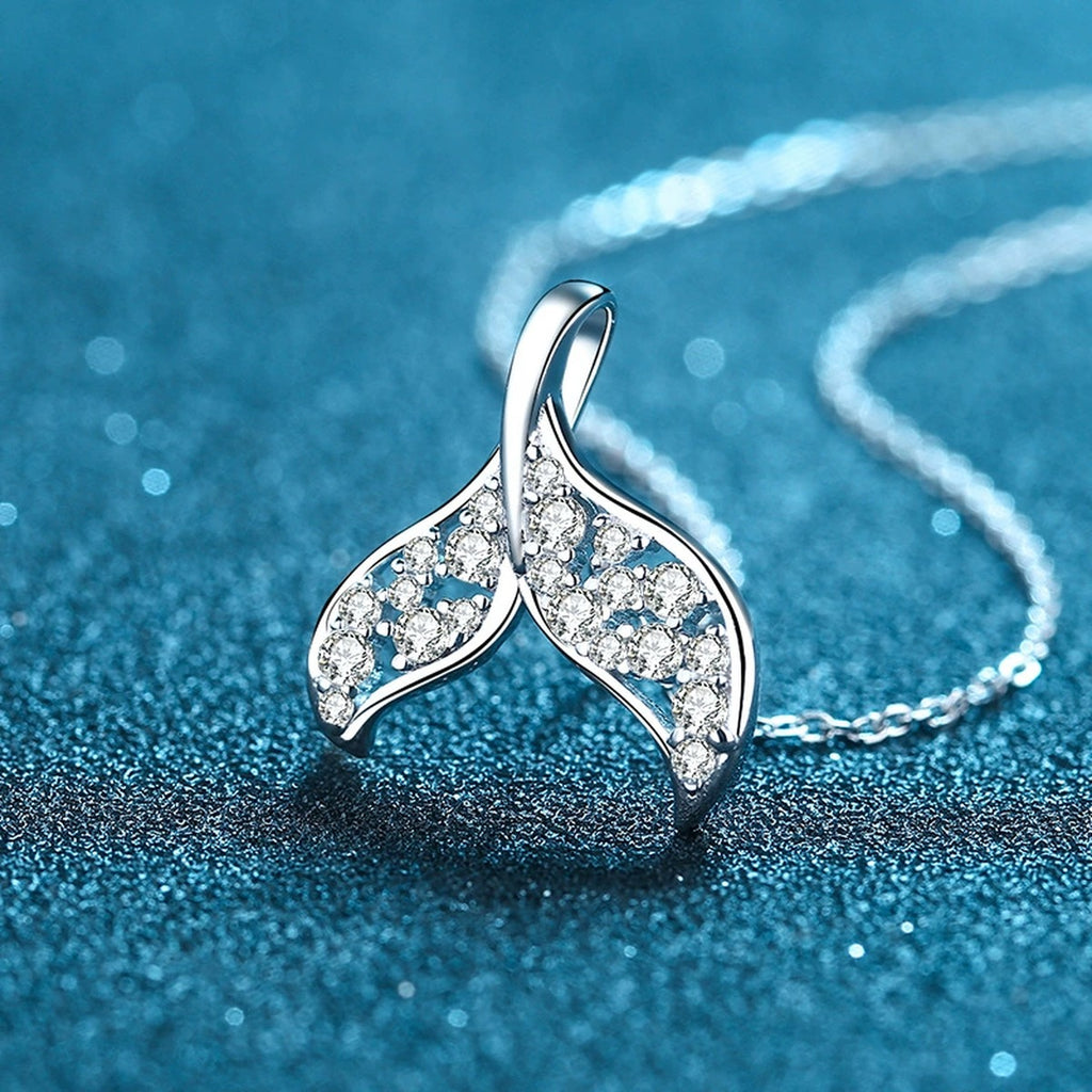 Whale Tail Moissanite Pendant Necklace in Rhodium-Plated S925 sterling silver product scene view showing pendant detail