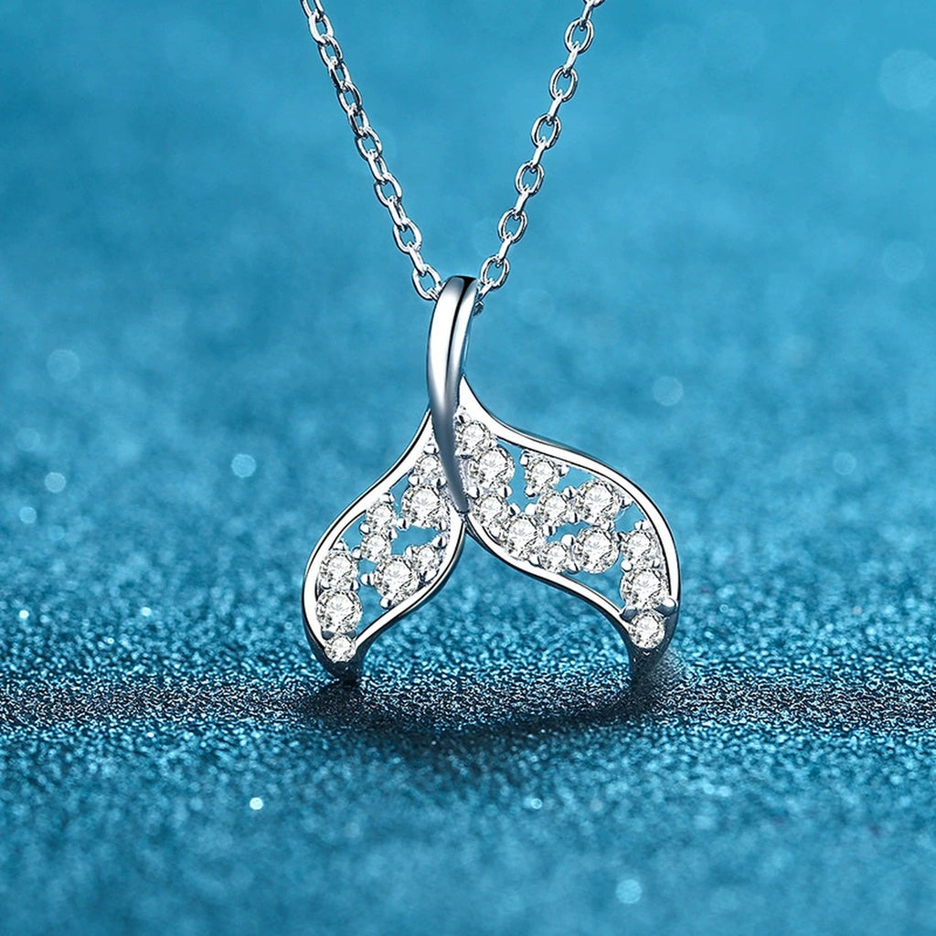 Whale Tail Moissanite Pendant Necklace in Rhodium-Plated S925 sterling silver product scene view showing chain and setting detail
