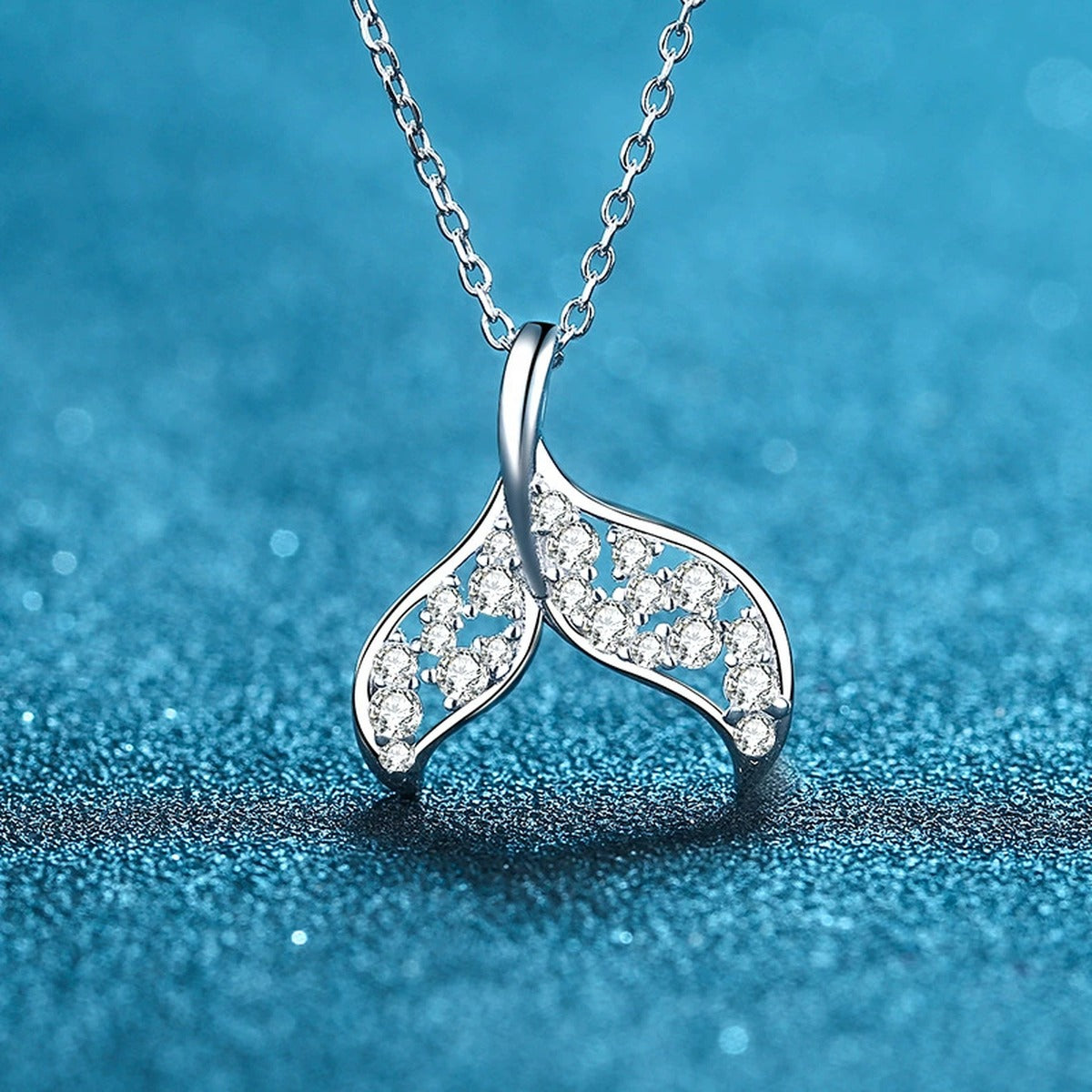 Whale Tail Moissanite Pendant Necklace in Rhodium-Plated S925 sterling silver product scene view showing chain and setting detail