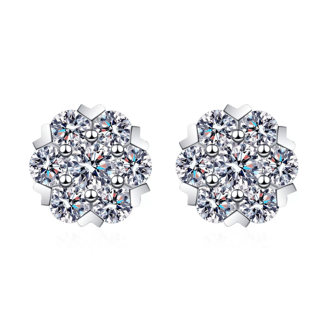 Cluster Moissanite Stud Earrings in Rhodium-Plated S925 sterling silver white background product photo showing the pair, stone shape, and stud earrings silhouette