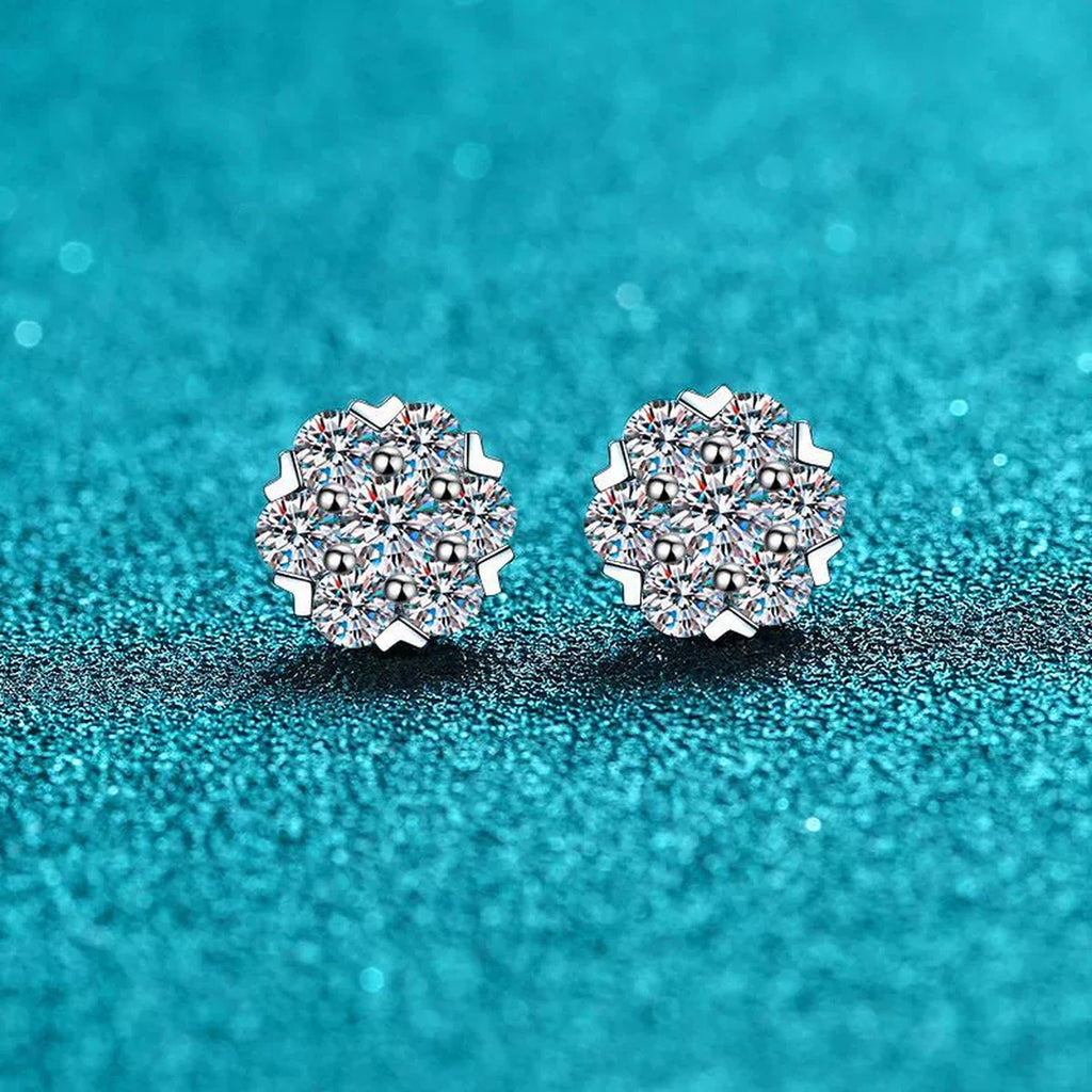 Cluster Moissanite Stud Earrings in Rhodium-Plated S925 sterling silver product scene view showing front sparkle