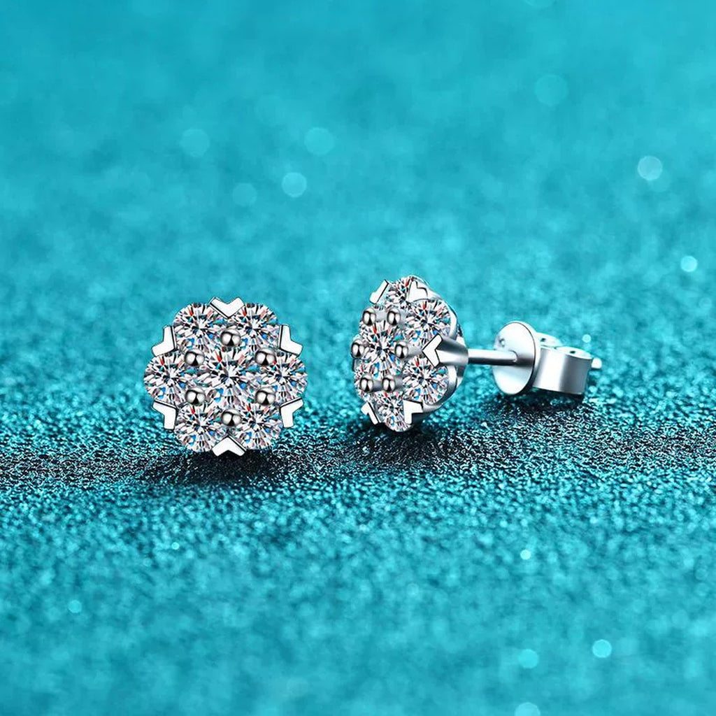 Cluster Moissanite Stud Earrings in Rhodium-Plated S925 sterling silver product scene view showing angled setting detail