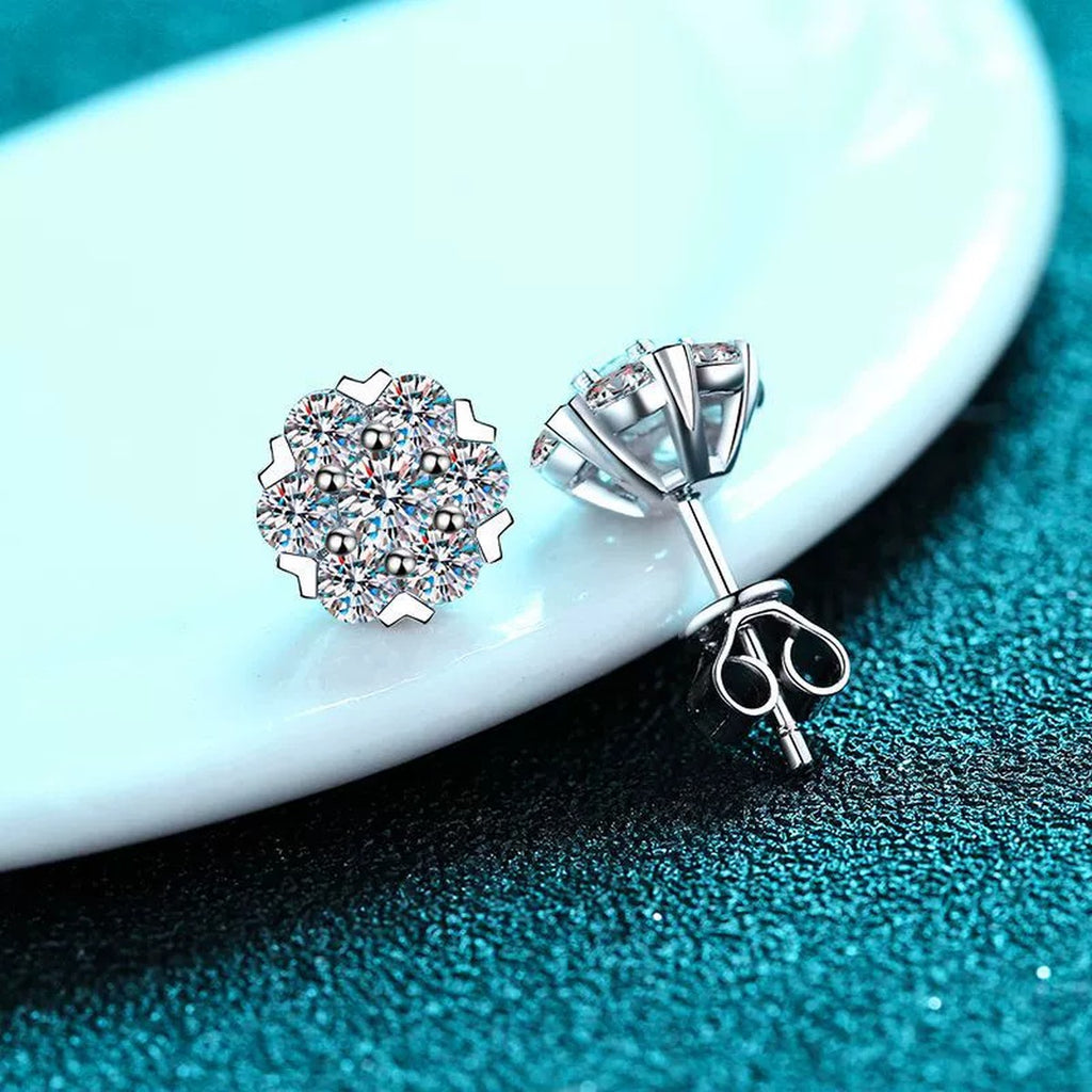 Cluster Moissanite Stud Earrings in Rhodium-Plated S925 sterling silver product scene view showing side profile