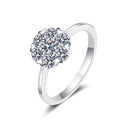 Round Moissanite Cluster Ring in rhodium-plated S925 sterling silver on clean white background