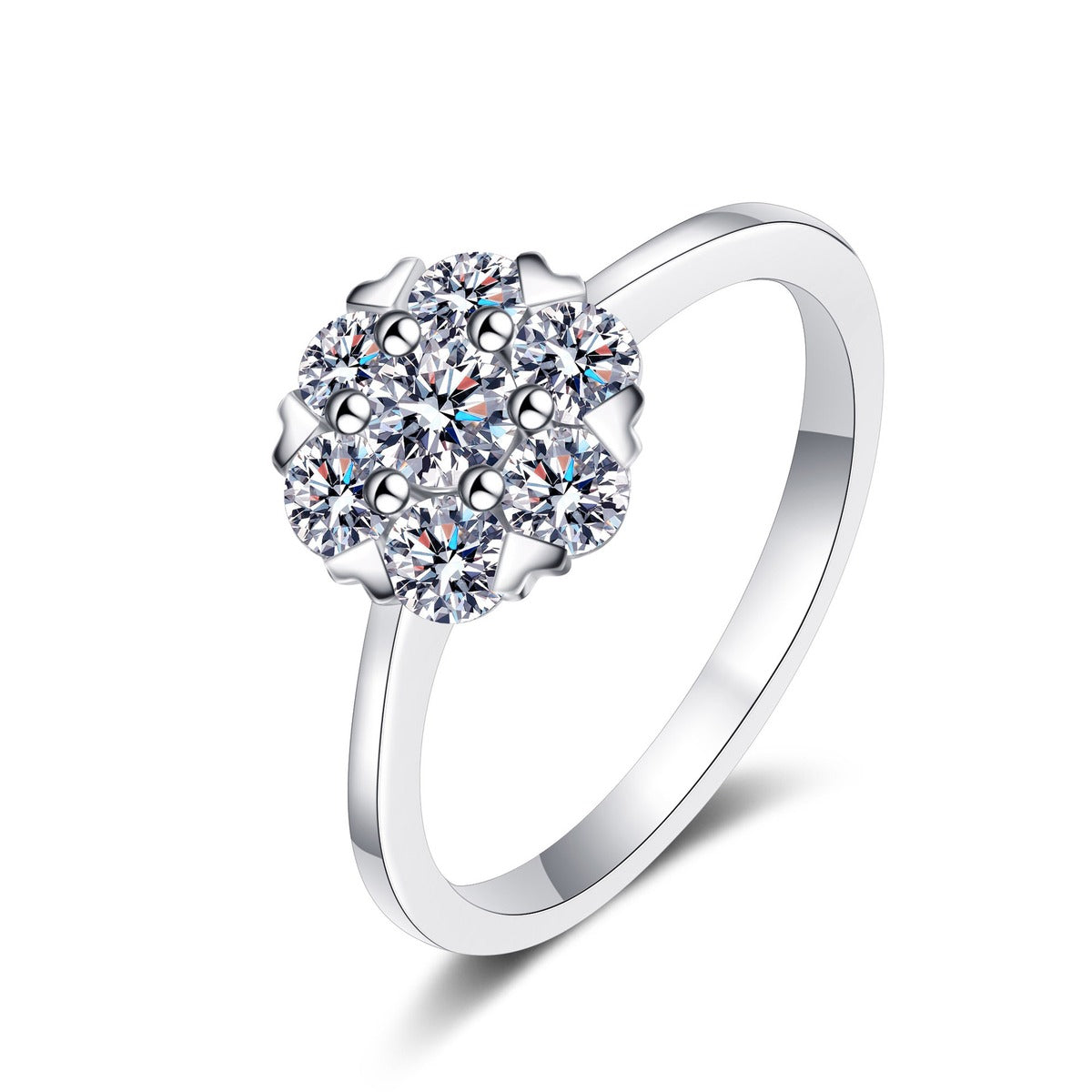 Round Moissanite Cluster Ring in rhodium-plated S925 sterling silver on clean white background