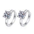 Round Moissanite Huggie Hoop Earrings in Rhodium-Plated S925 sterling silver white background product photo showing the pair, stone shape, and huggie hoop earrings silhouette