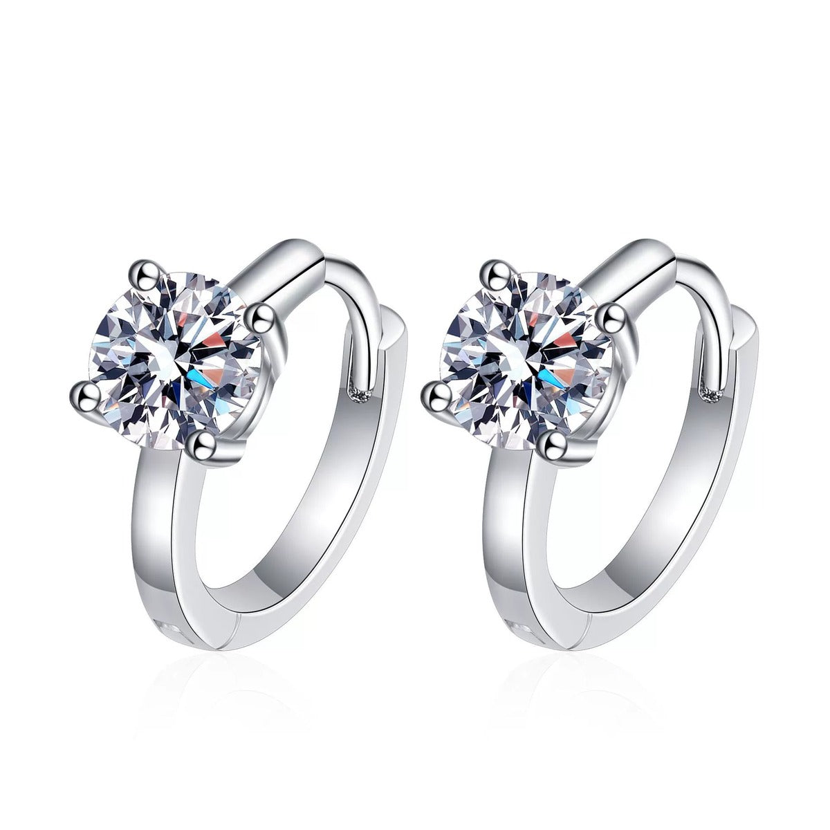 Round Moissanite Huggie Hoop Earrings in Rhodium-Plated S925 sterling silver white background product photo showing the pair, stone shape, and huggie hoop earrings silhouette