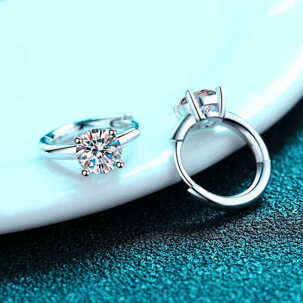 Round Moissanite Huggie Hoop Earrings in Rhodium-Plated S925 sterling silver product scene view showing side profile