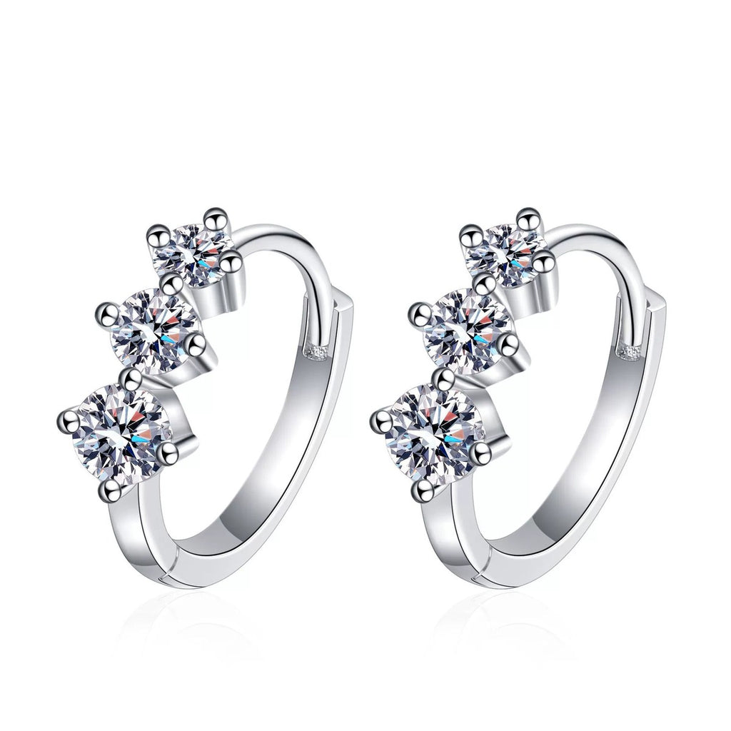 Graduated Moissanite Huggie Hoop Earrings in Rhodium-Plated S925 sterling silver white background product photo showing the pair, stone shape, and huggie hoop earrings silhouette