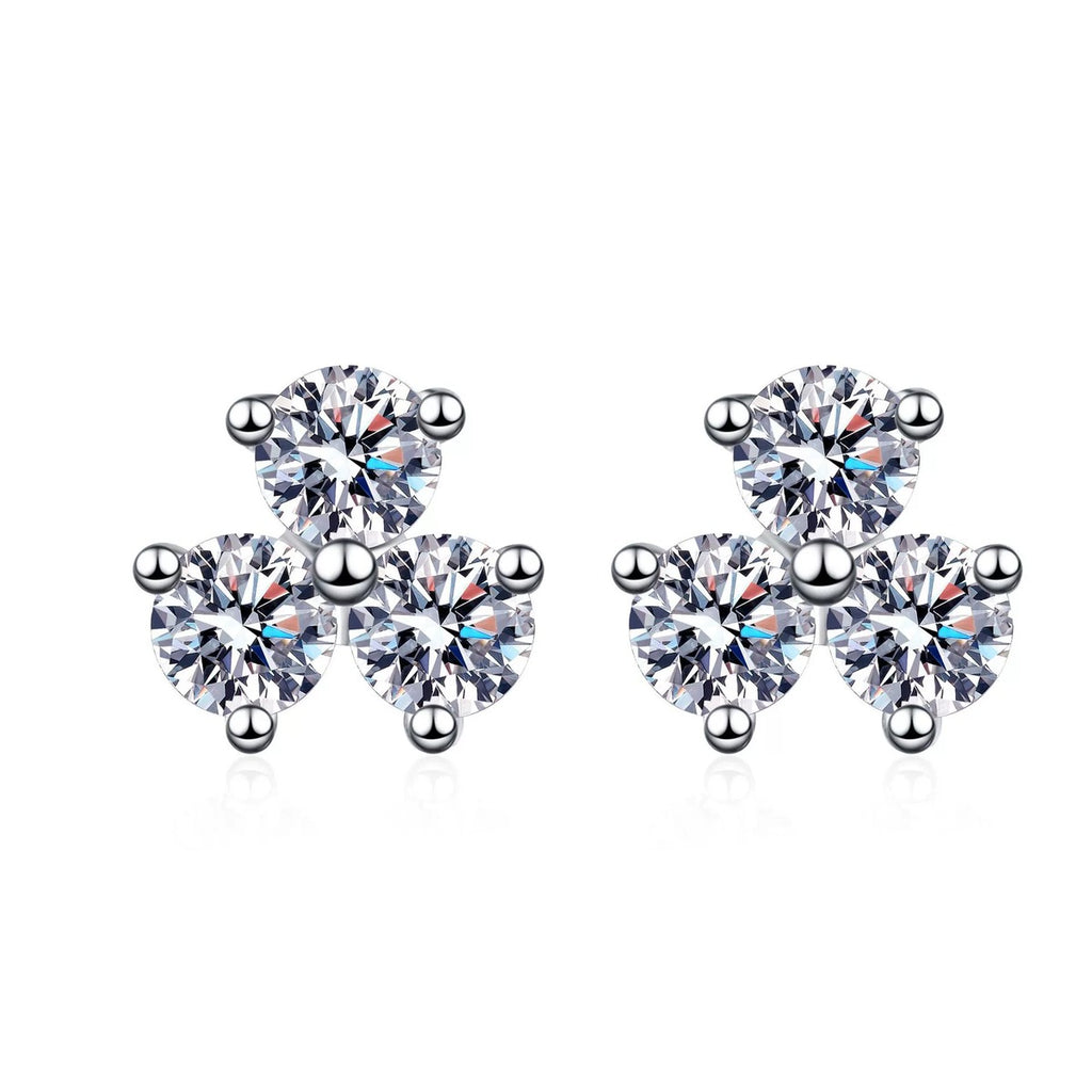 Cluster Round Moissanite Stud Earrings in Rhodium-Plated S925 sterling silver white background product photo showing the pair, stone shape, and stud earrings silhouette