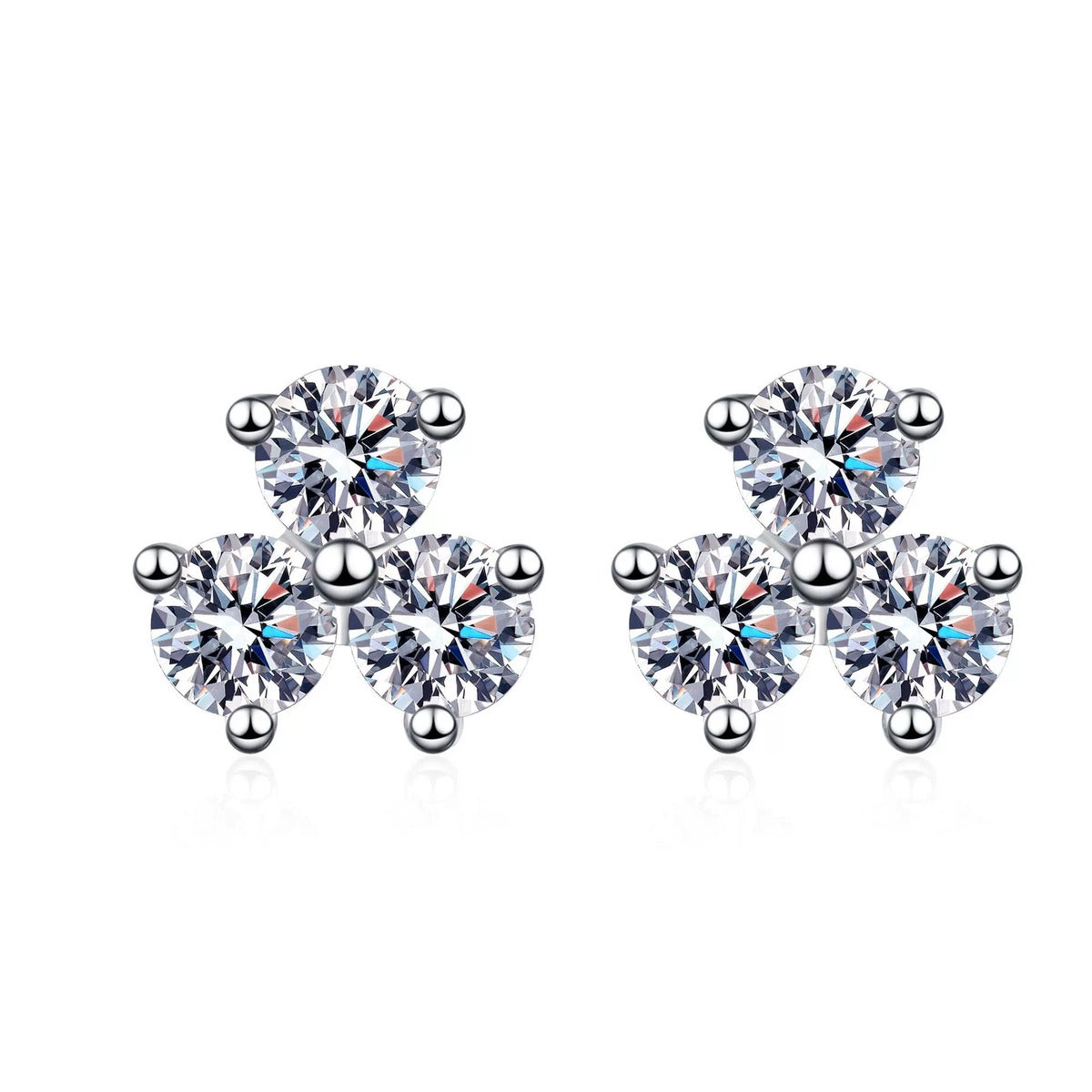 Cluster Round Moissanite Stud Earrings in Rhodium-Plated S925 sterling silver white background product photo showing the pair, stone shape, and stud earrings silhouette