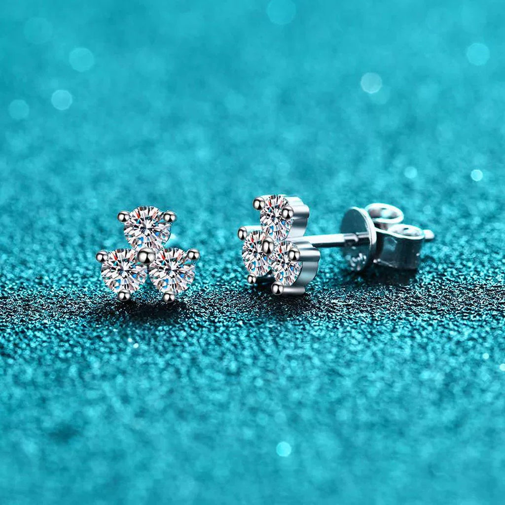 Cluster Round Moissanite Stud Earrings in Rhodium-Plated S925 sterling silver product scene view showing front sparkle