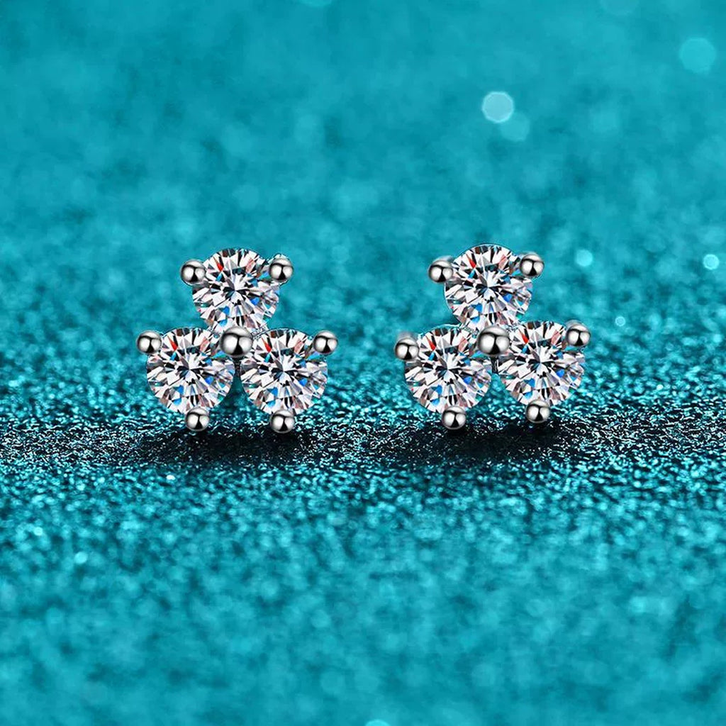 Cluster Round Moissanite Stud Earrings in Rhodium-Plated S925 sterling silver product scene view showing angled setting detail