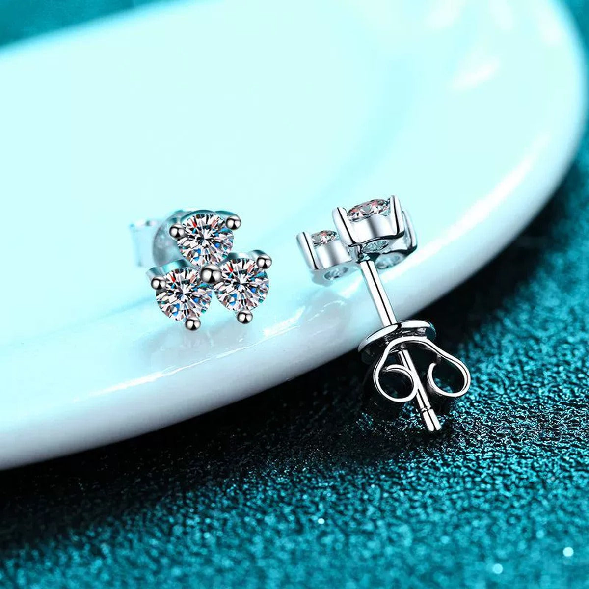 Cluster Round Moissanite Stud Earrings in Rhodium-Plated S925 sterling silver product scene view showing side profile