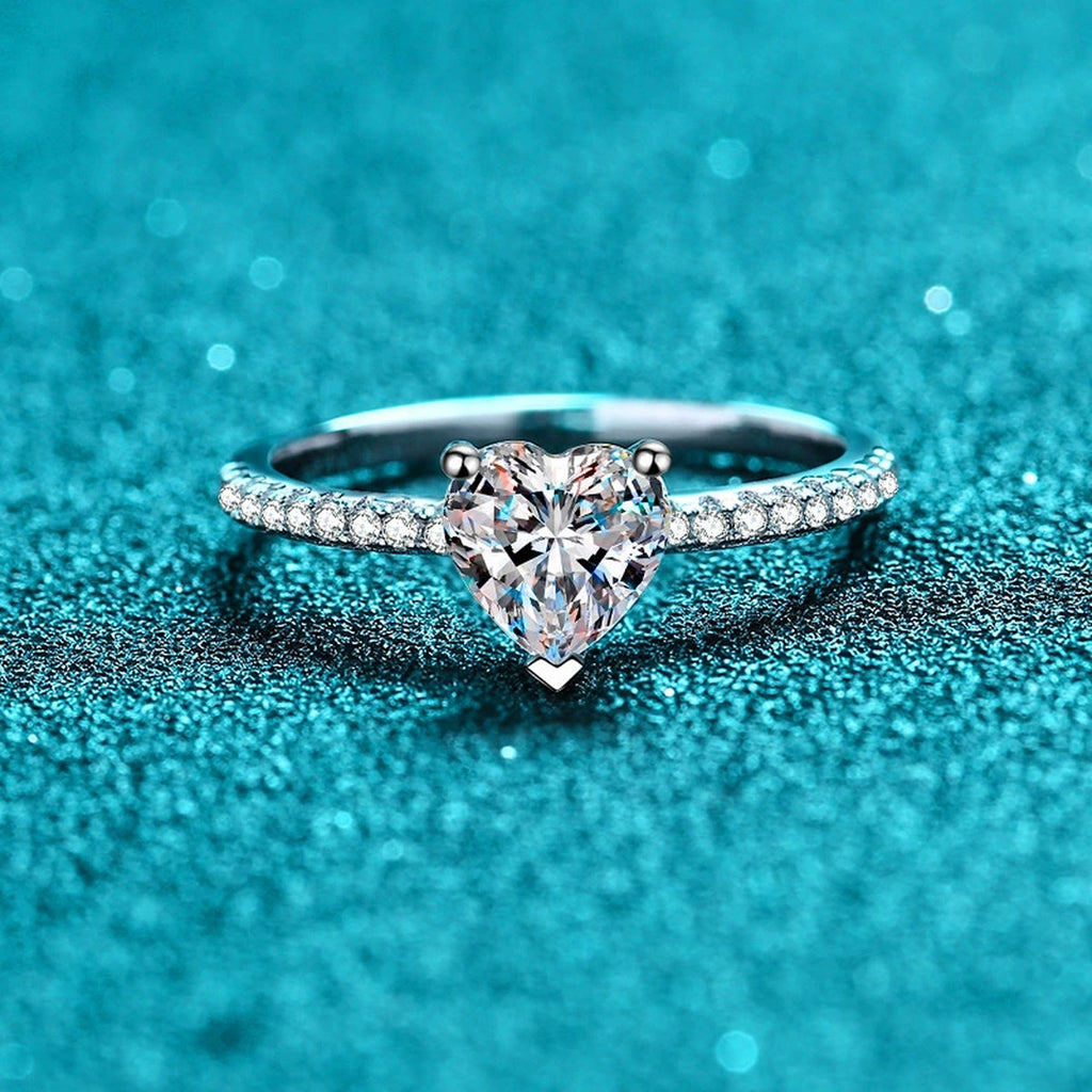 Heart Cut Moissanite Ring with CZ product view showing moissanite setting and rhodium finish