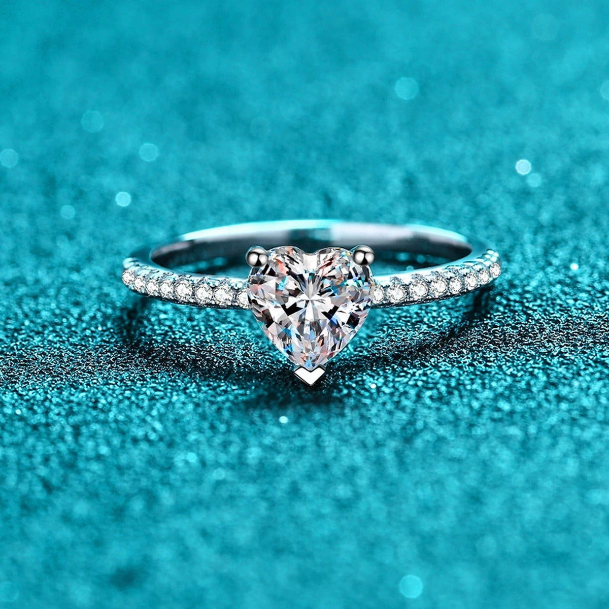 Heart Cut Moissanite Ring with CZ product view showing moissanite setting and rhodium finish