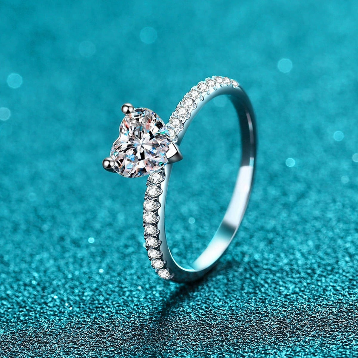 Heart Cut Moissanite Ring with CZ product view showing moissanite setting and rhodium finish