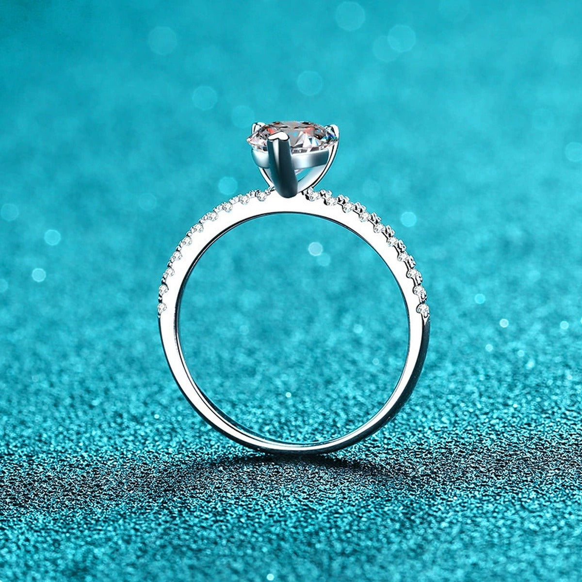 Heart Cut Moissanite Ring with CZ product view showing moissanite setting and rhodium finish