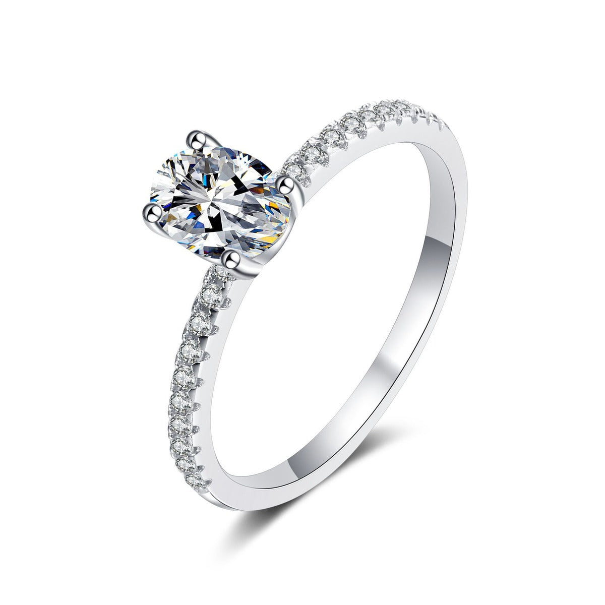 Oval Cut Moissanite Ring with CZ in rhodium-plated S925 sterling silver on clean white background