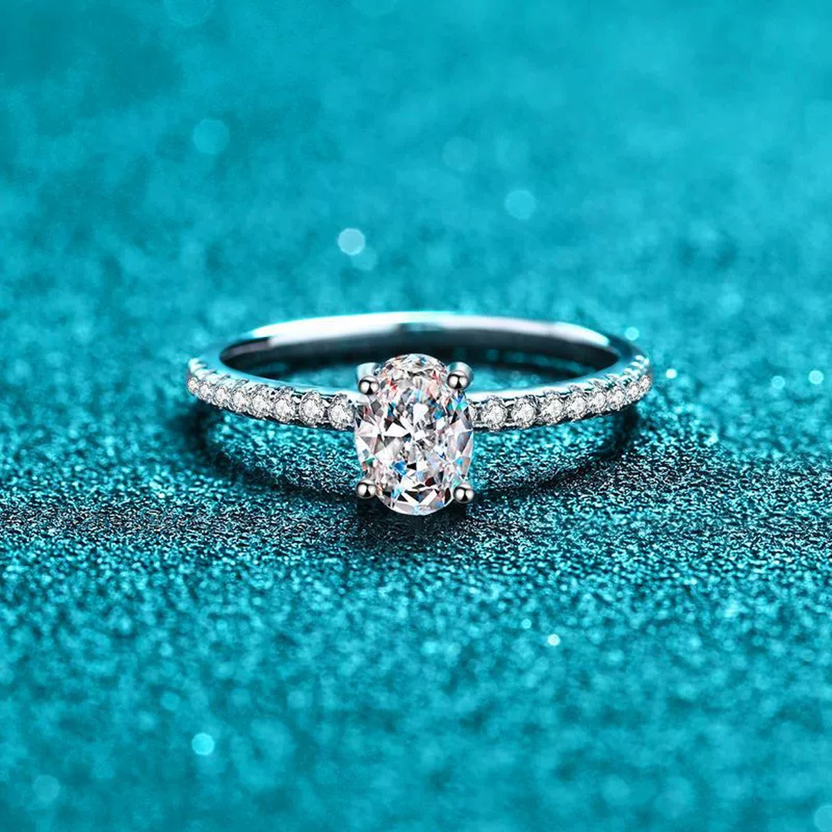 Oval Cut Moissanite Ring with CZ product view showing moissanite setting and rhodium finish