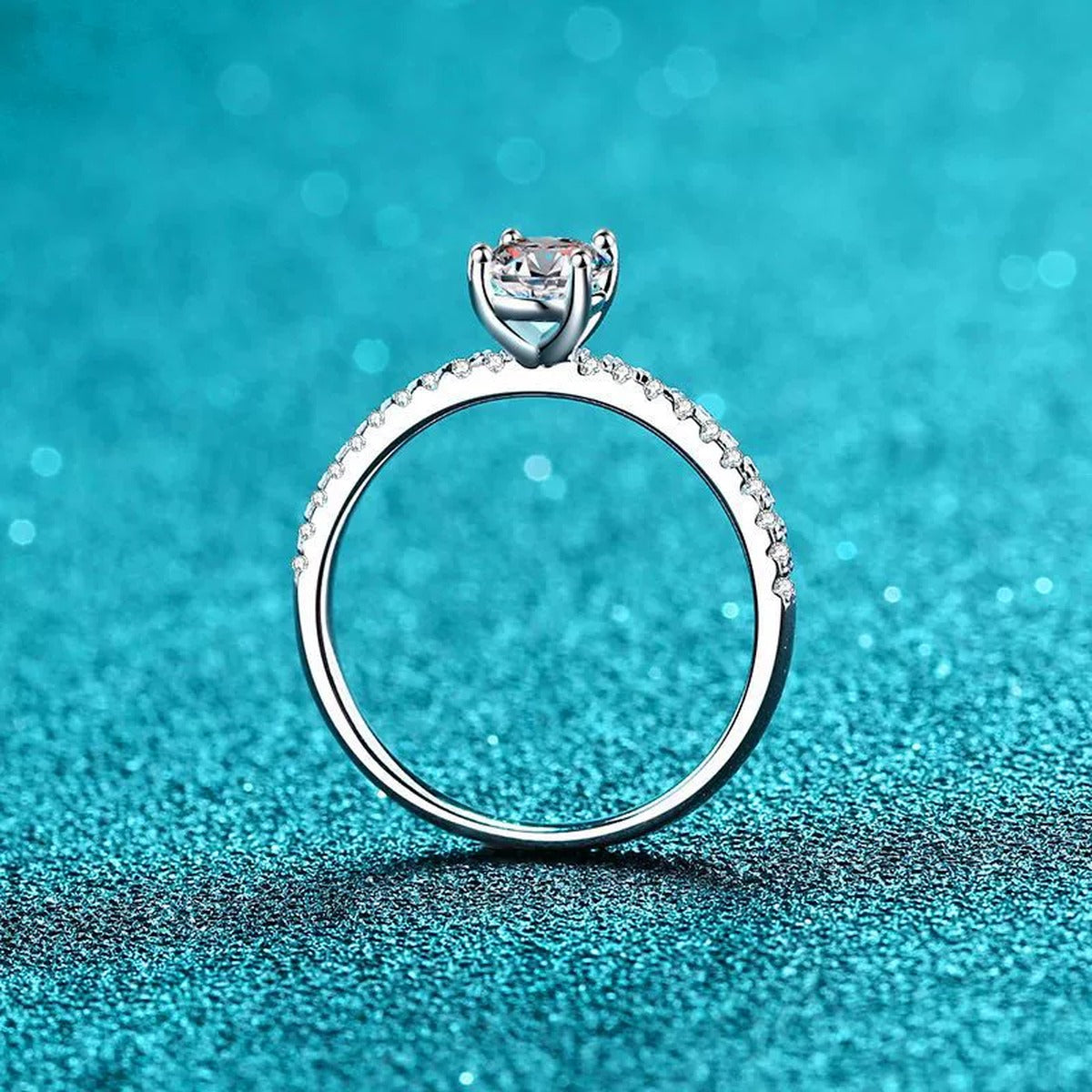 Oval Cut Moissanite Ring with CZ product view showing moissanite setting and rhodium finish