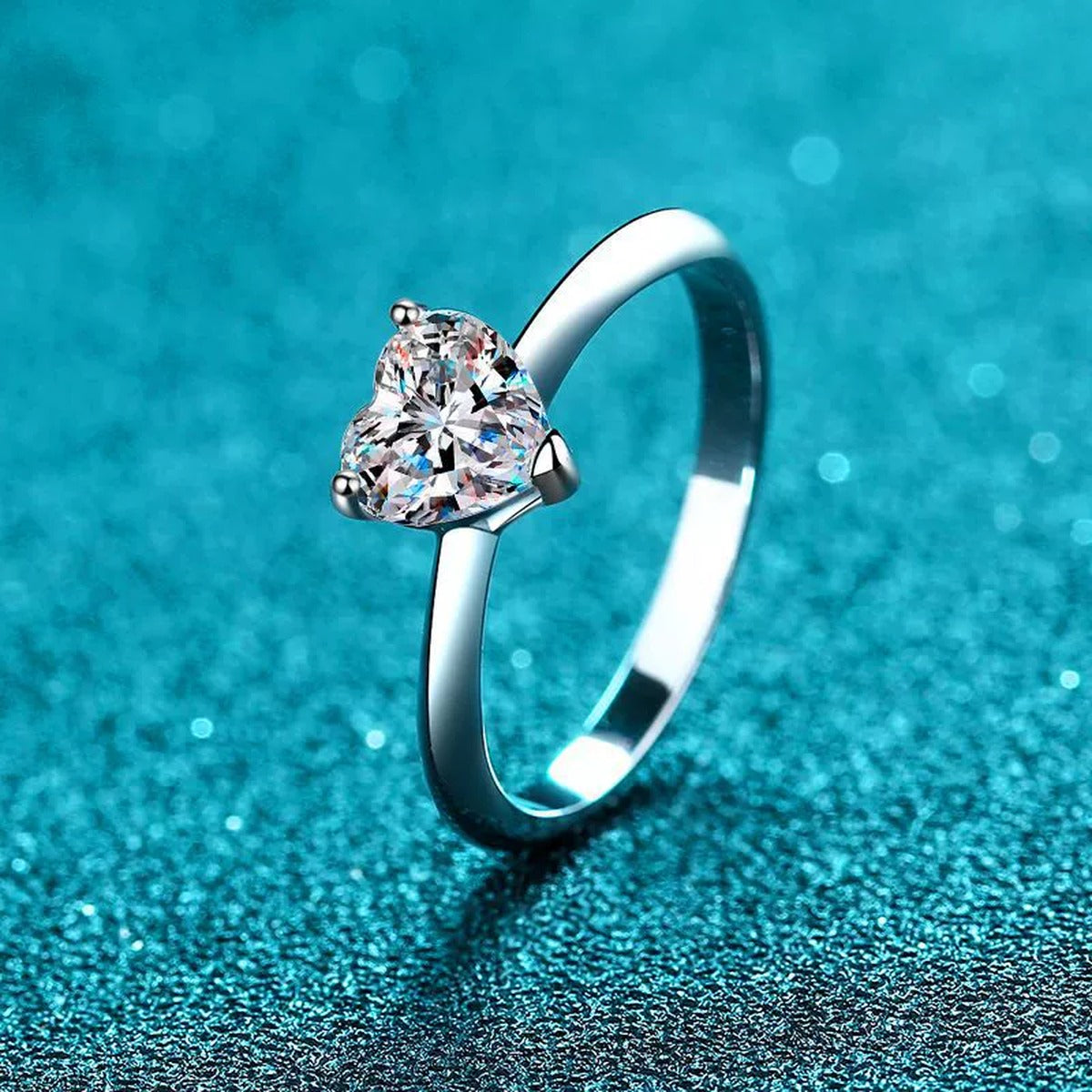 Heart Cut Moissanite Solitaire Ring product view showing moissanite setting and rhodium finish