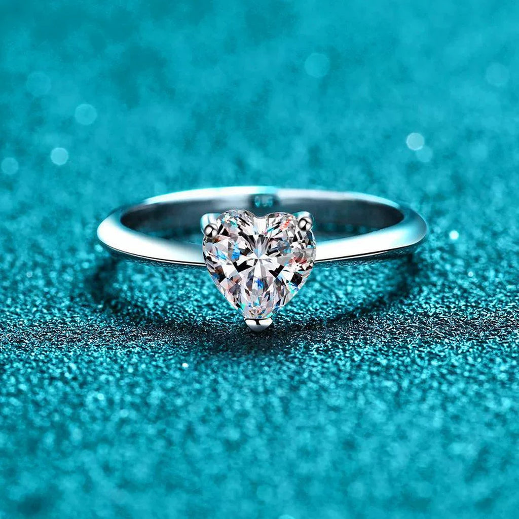Heart Cut Moissanite Solitaire Ring product view showing moissanite setting and rhodium finish