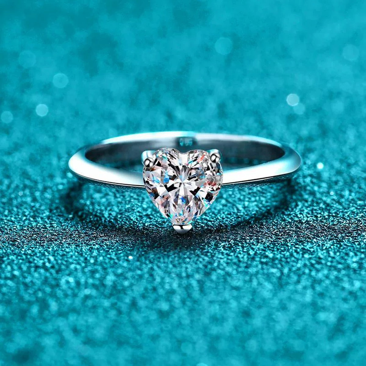 Heart Cut Moissanite Solitaire Ring product view showing moissanite setting and rhodium finish