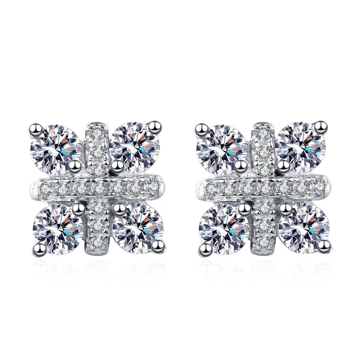 Square Cluster Moissanite Stud Earrings with CZ in Rhodium-Plated S925 sterling silver white background product photo showing the pair, stone shape, and stud earrings silhouette