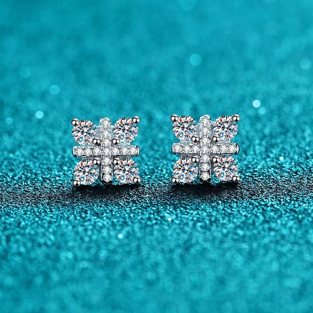 Square Cluster Moissanite Stud Earrings with CZ in Rhodium-Plated S925 sterling silver product scene view showing front sparkle