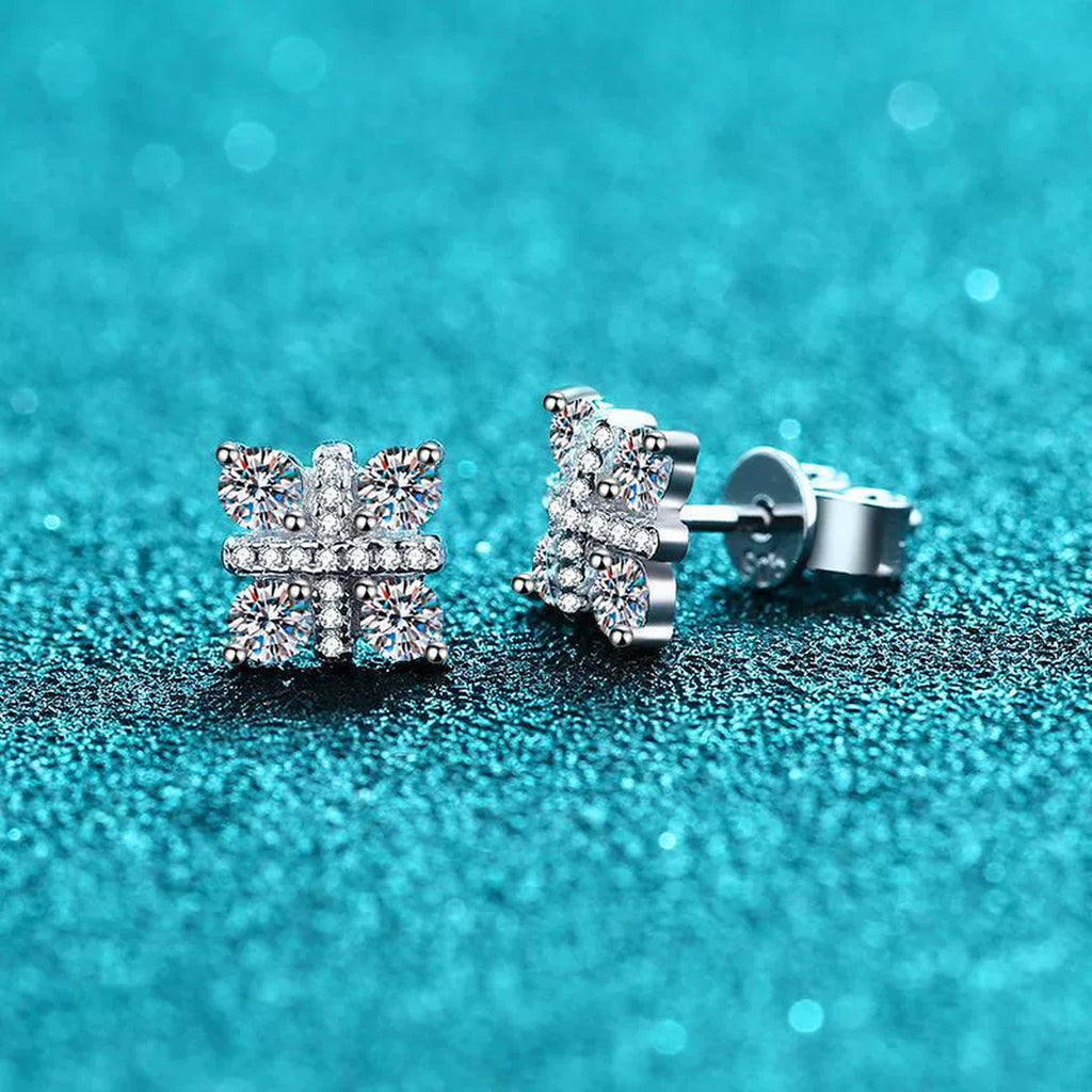 Square Cluster Moissanite Stud Earrings with CZ in Rhodium-Plated S925 sterling silver product scene view showing angled setting detail