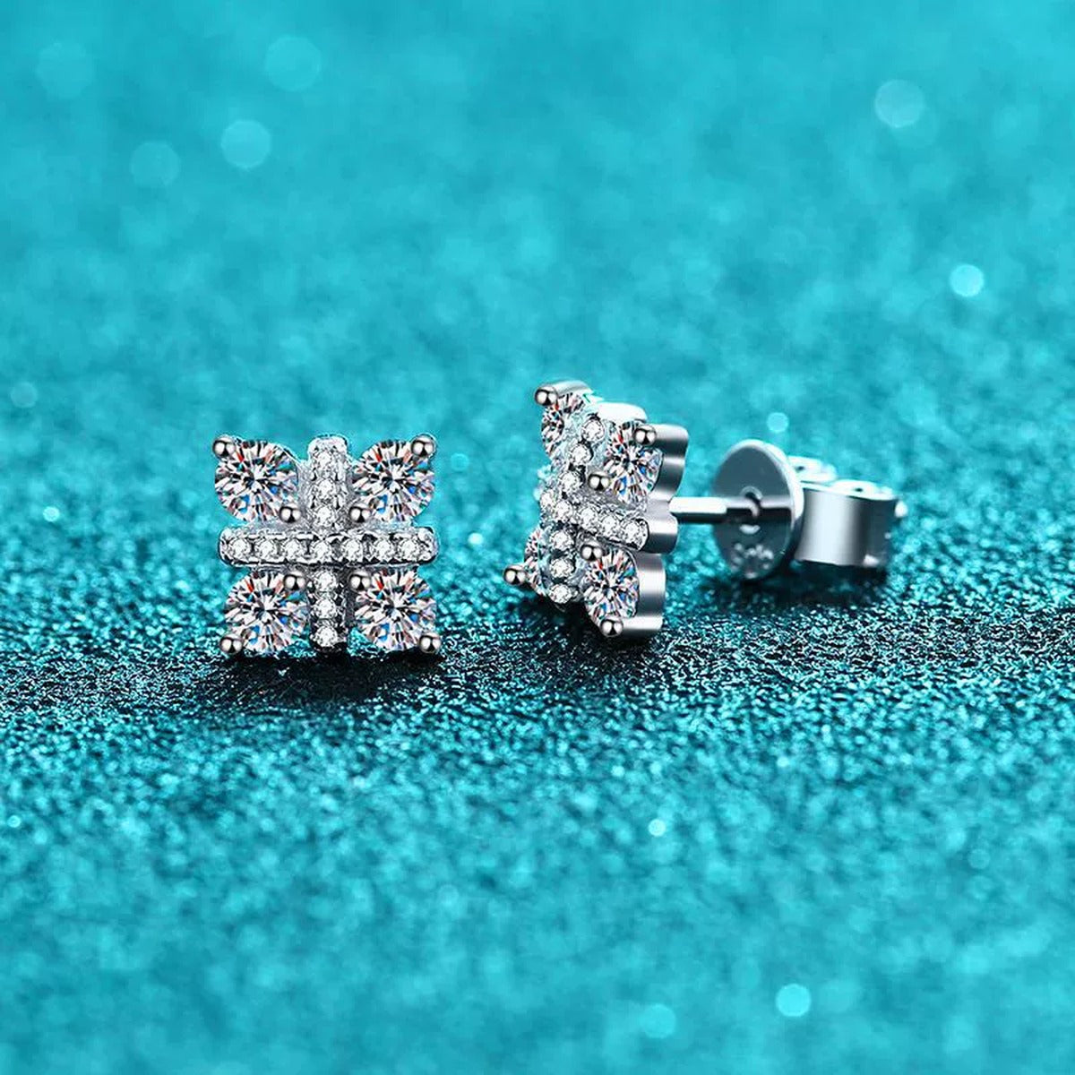 Square Cluster Moissanite Stud Earrings with CZ in Rhodium-Plated S925 sterling silver product scene view showing angled setting detail