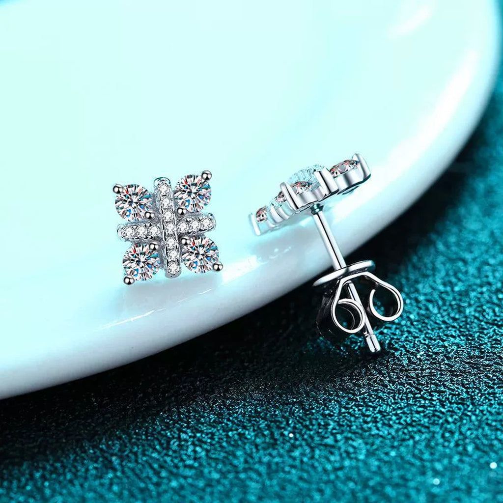 Square Cluster Moissanite Stud Earrings with CZ in Rhodium-Plated S925 sterling silver product scene view showing side profile