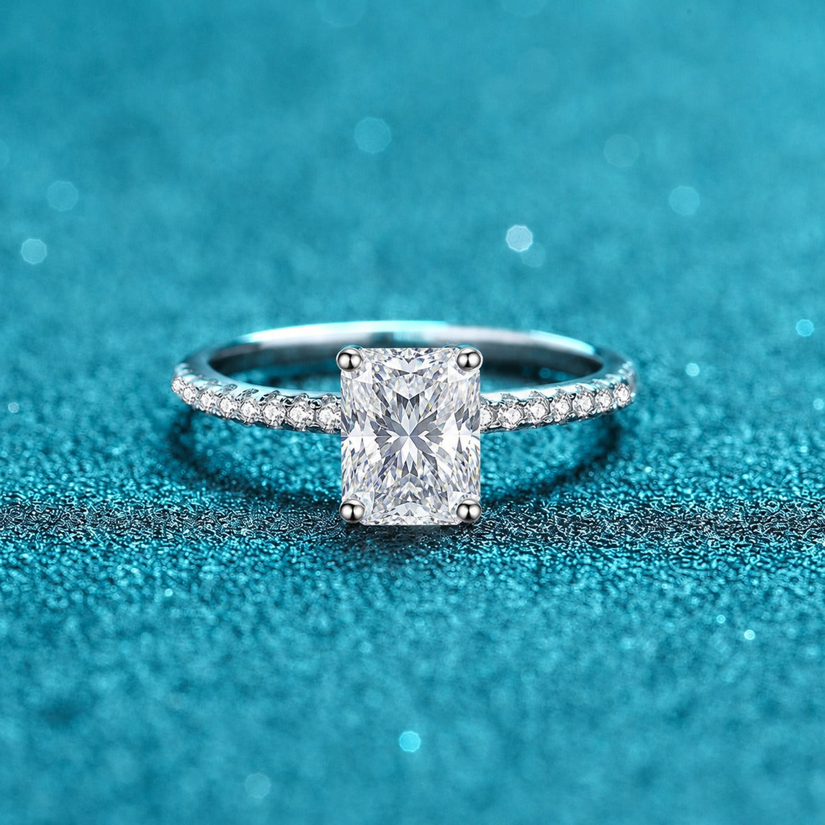 Emerald and Radiant Cut Moissanite Ring with CZ product view showing moissanite setting and rhodium finish