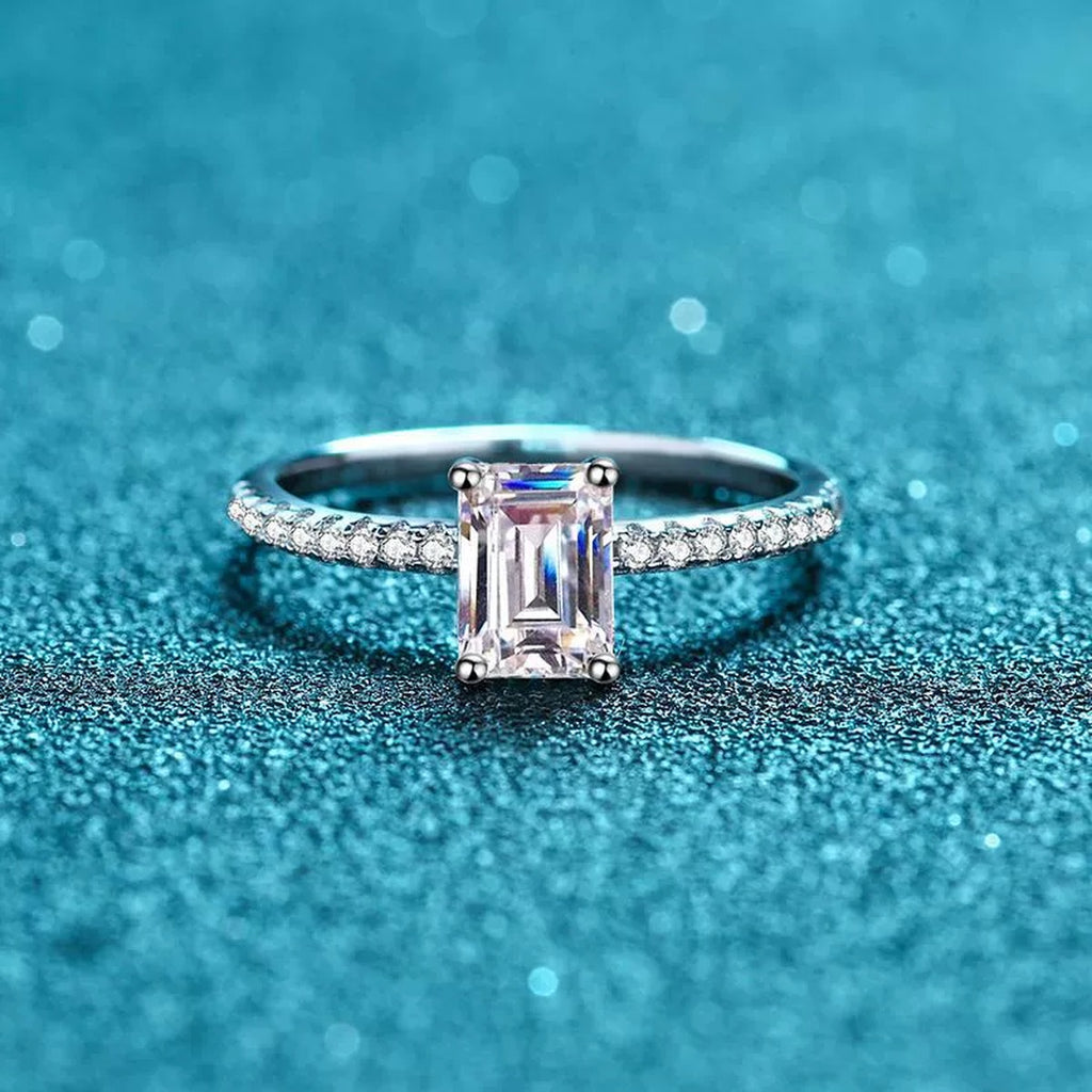 Emerald and Radiant Cut Moissanite Ring with CZ product view showing moissanite setting and rhodium finish