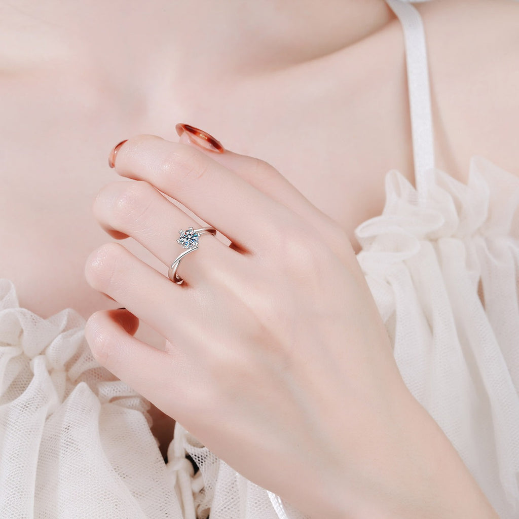 Round Moissanite Adjustable Solitaire Ring worn on hand to show scale, band width, and ring profile