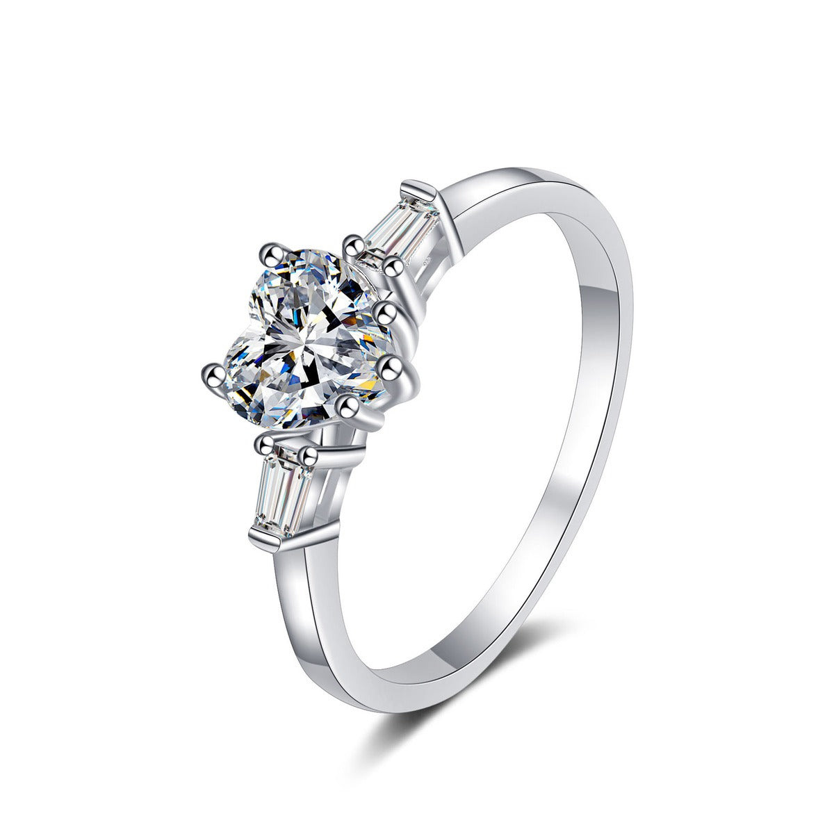 Heart Cut Moissanite Side Stone Engagement Ring with CZ in rhodium-plated S925 sterling silver on clean white background