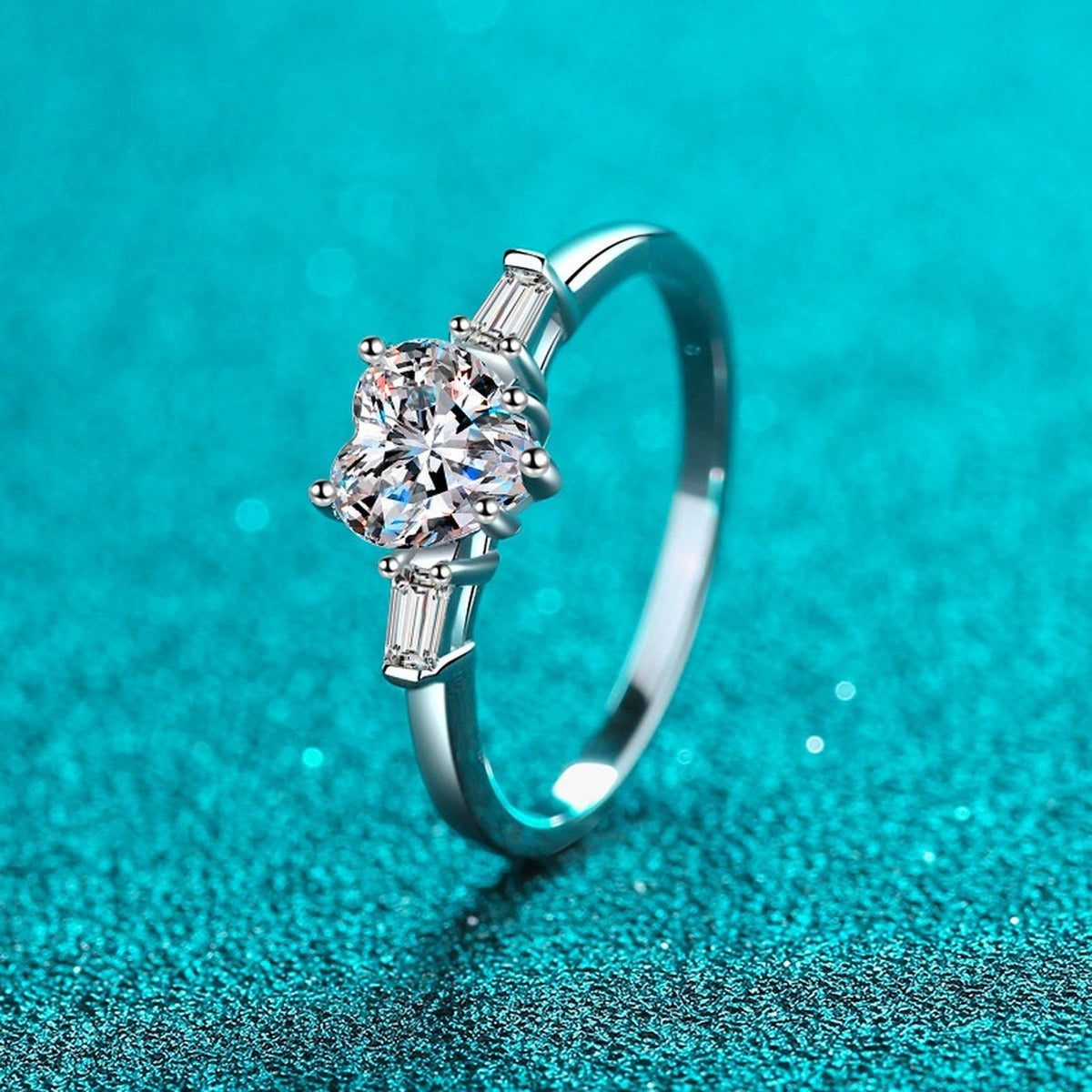 Heart Cut Moissanite Side Stone Engagement Ring with CZ product view showing moissanite setting and metal finish