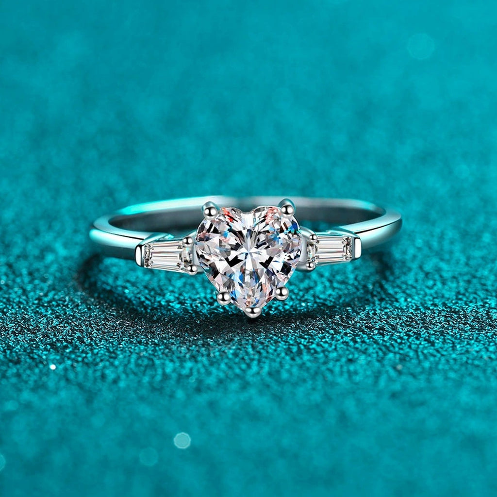 Heart Cut Moissanite Side Stone Engagement Ring with CZ product view showing moissanite setting and metal finish