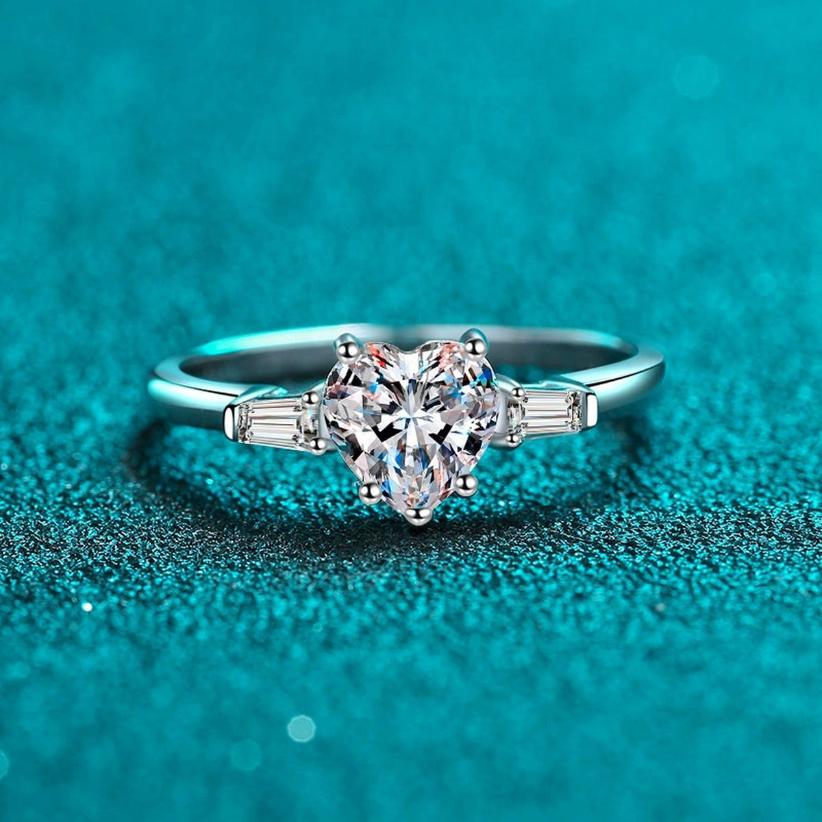 Heart Cut Moissanite Side Stone Engagement Ring with CZ product view showing moissanite setting and metal finish