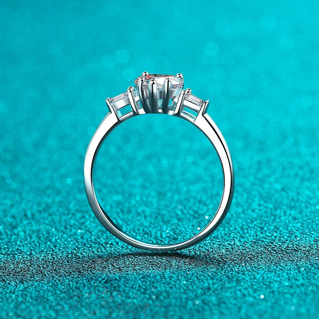 Heart Cut Moissanite Side Stone Engagement Ring with CZ product view showing moissanite setting and metal finish