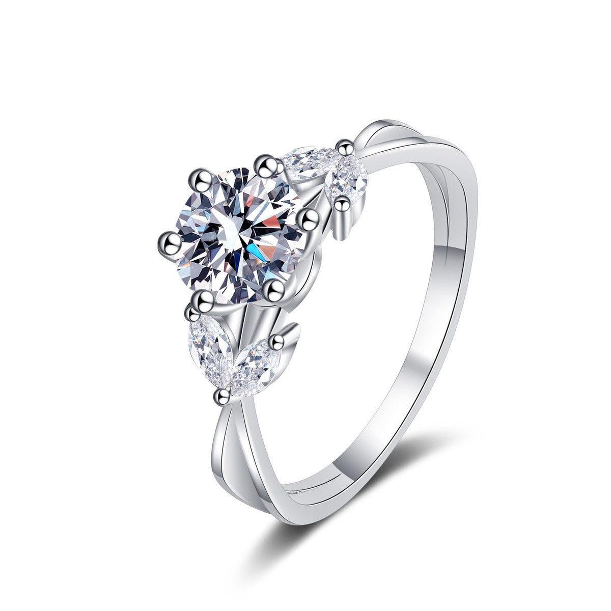 Round Moissanite Side Stone Engagement Ring with CZ in rhodium-plated S925 sterling silver on clean white background