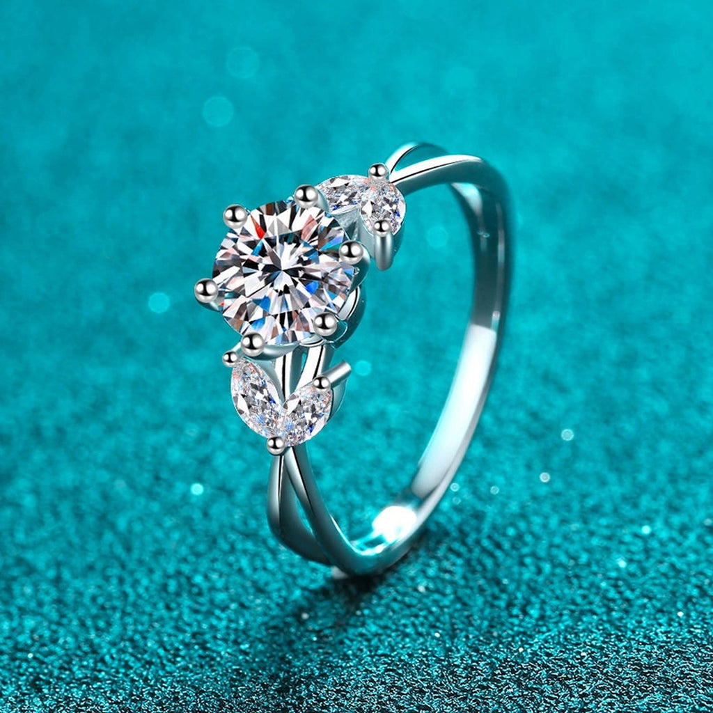 Round Moissanite Side Stone Engagement Ring with CZ product view showing moissanite setting and metal finish
