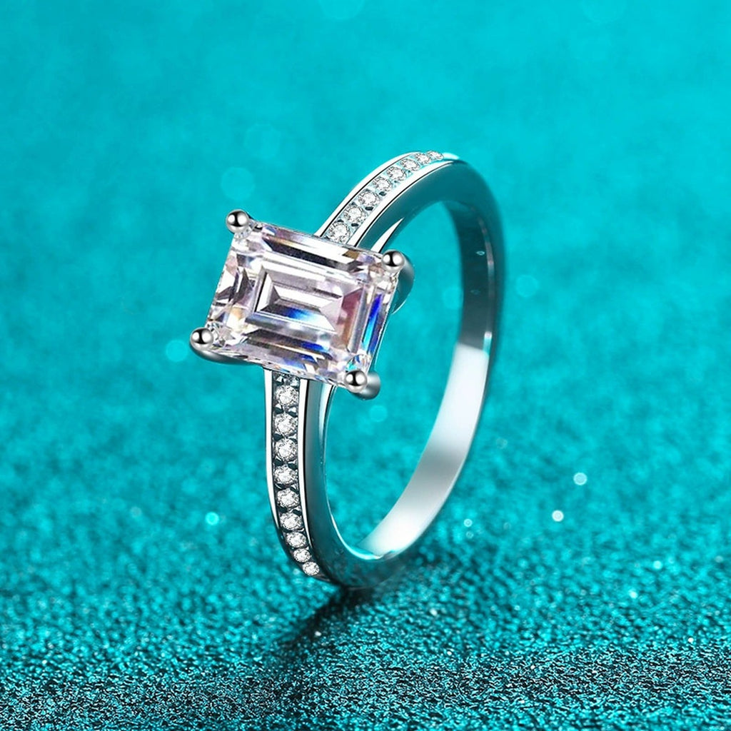 Emerald and Radiant Cut Moissanite Ring with CZ product view showing moissanite setting and metal finish
