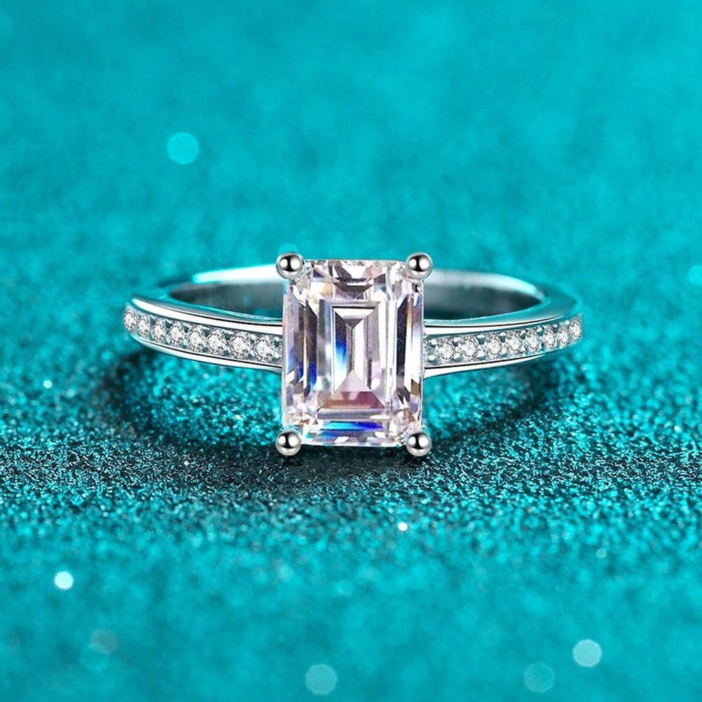 Emerald and Radiant Cut Moissanite Ring with CZ product view showing moissanite setting and metal finish